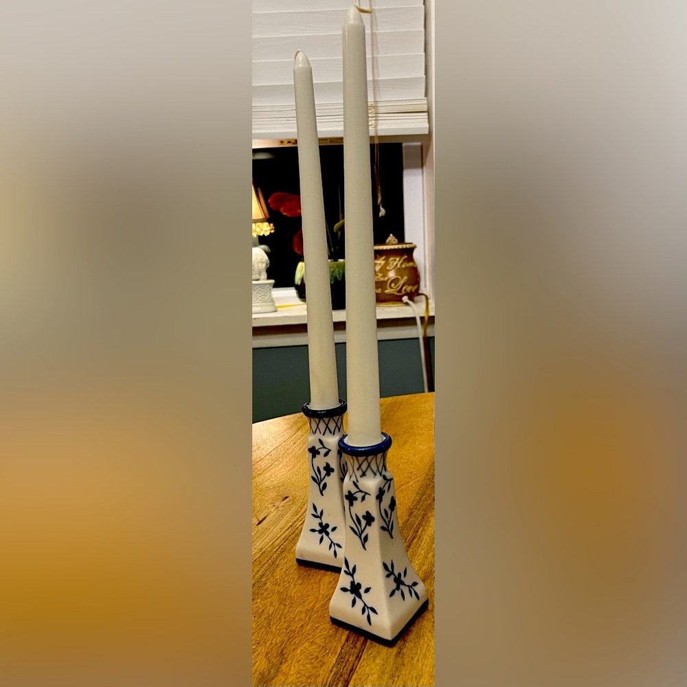 Blue and white floral candlestick holders